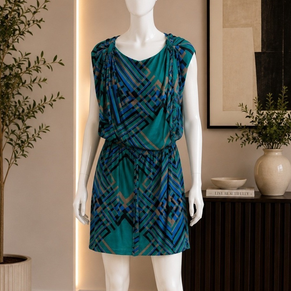 Jessica Simpson Womens Draped Geometric Print Drawstring Waist Dress Green M